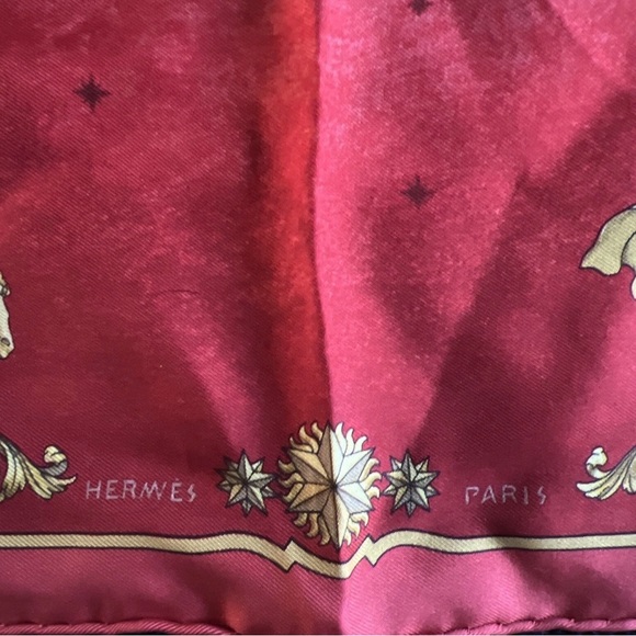 Hermes red “cosmos,” silk scarf neckerchief 16”inch square designed by Ledoux - Picture 4 of 6